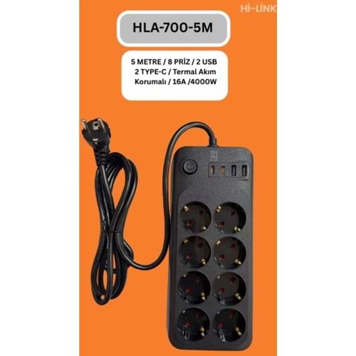 Hi-Link HLA-700-5 5MT/ 8Priz/2 Usb/ 2 Type-C Termal Akım Korumalı Priz