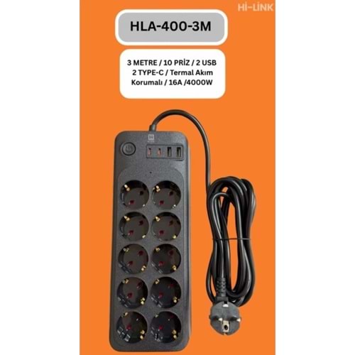 Hi-Link HLA-400-3 3Mt/10 Priz/2 Usb/2 Type-C/Siyah/Termal Akım Korumalı Priz