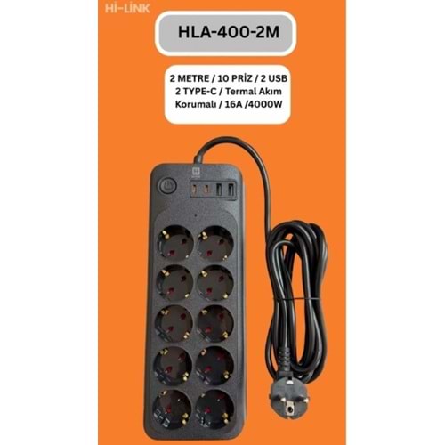 Hi-Link HLA-400-2 2Mt/10 Priz/2 Usb/ 2 Type-C Termal Akım Korumalı Priz