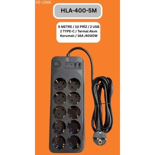 Hi-Link HLA-400-5 5Mt/10 Priz/2 Usb/2 Type-C/Siyah/Termal Akım Korumalı Priz