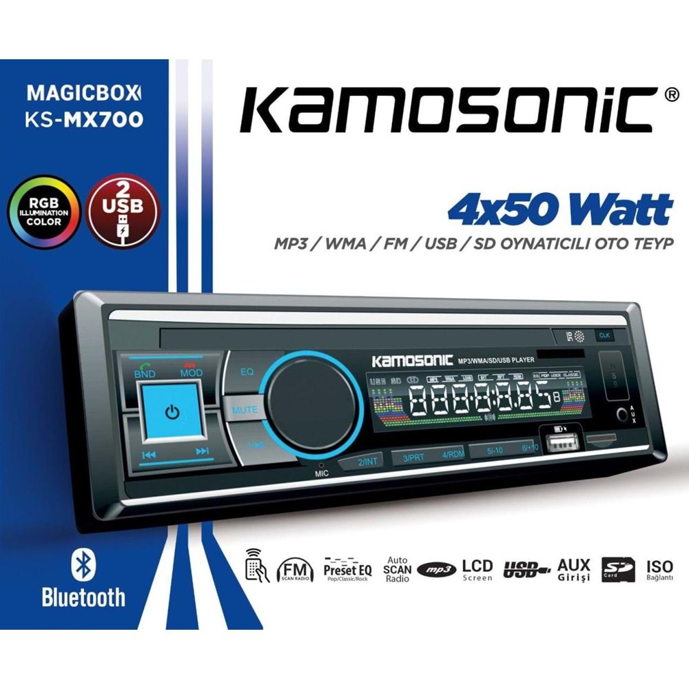 Kamosonic KS-MX700 4x50 Watt Bluetooth+Mp3+Wma+Fm+Usb+Sd Oynatıcılı Oto Teyp