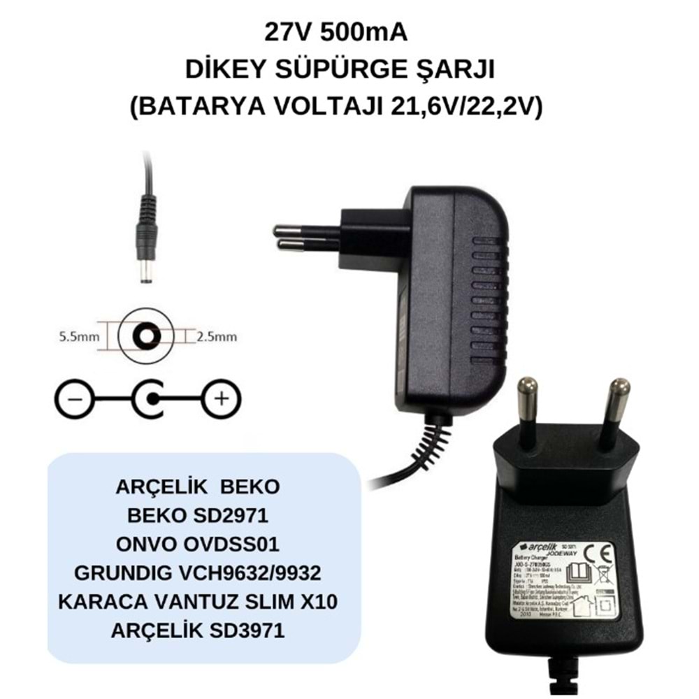 Swat ATZ433 27 Volt 500mA Arçelik-Beko-Grundig-Onvo Dikey Süpürge Şarj Adaptörü