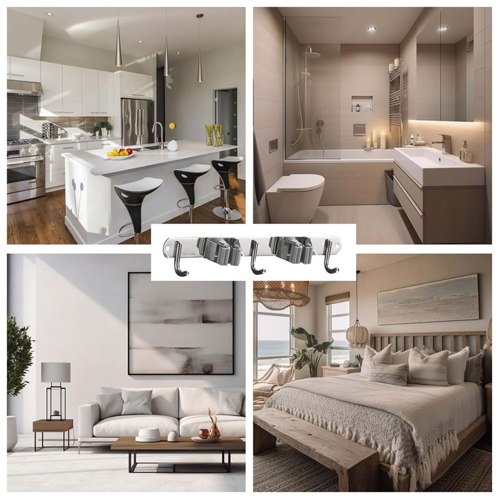 Sunup SN-26350 Dört Kancalı Askılık Üç Silikon Klipsli Metal Paspas Süpürge Tutucu