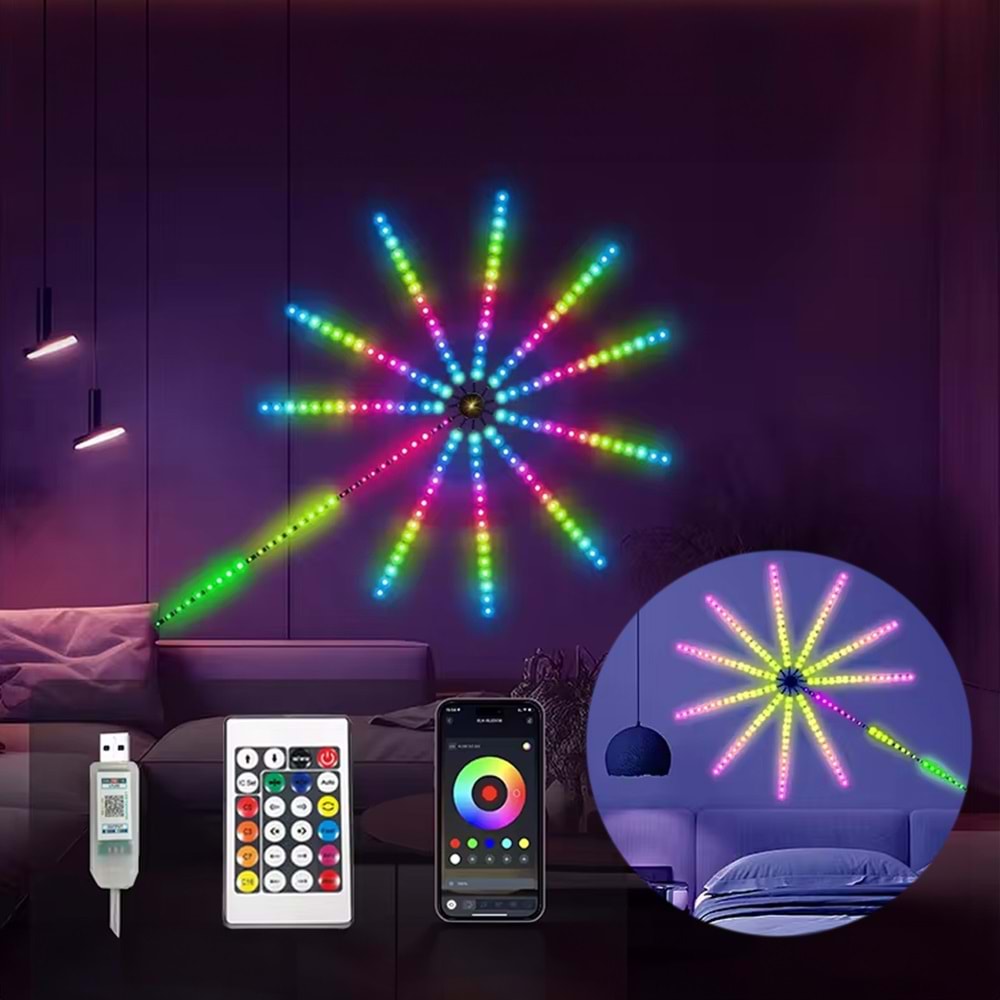 Sunup SN-22231 Bluetooth Havai Fişek LED Seti Sese Duyarlı RGB Rengi Akıllı Şerit Işık 200+ Efektli Oda Aydınlatma