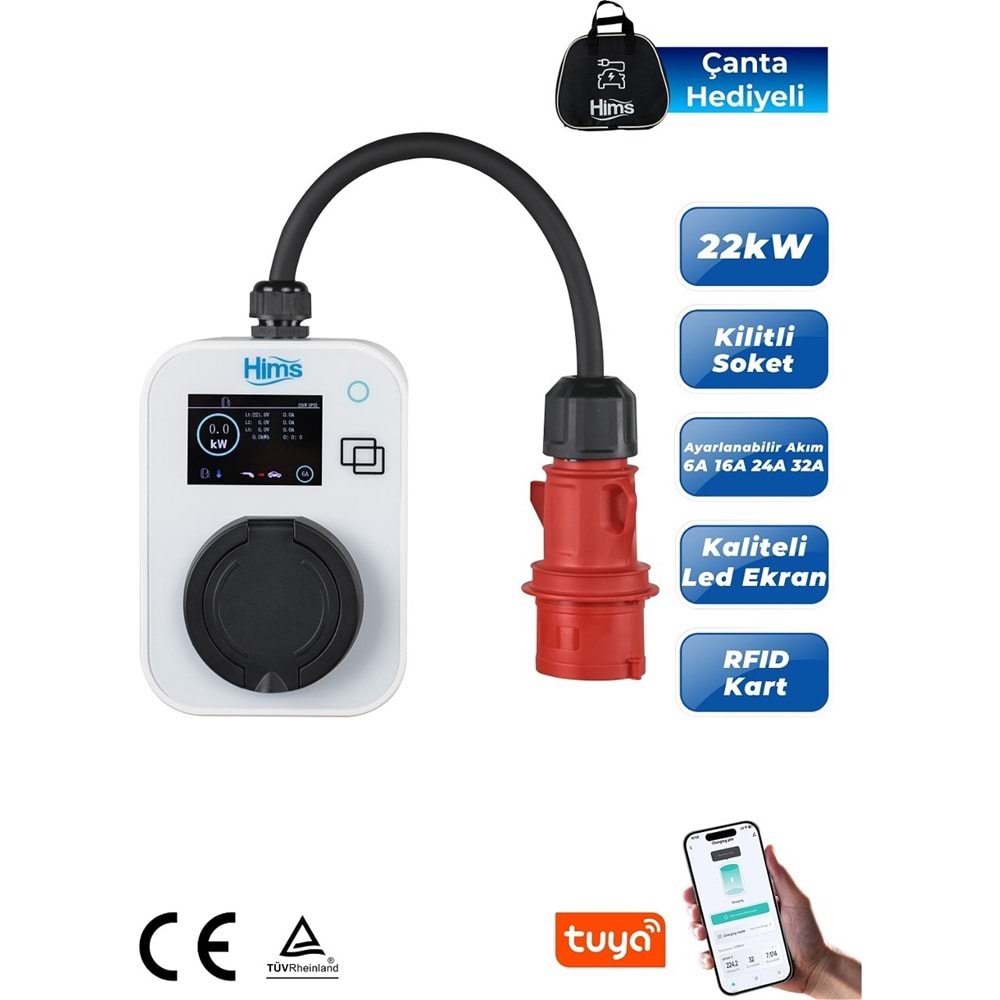 Hims HCTS-22-B 22KW Kilitli Soketli Beyaz Taşınabilir Araç Sarj Cihazı