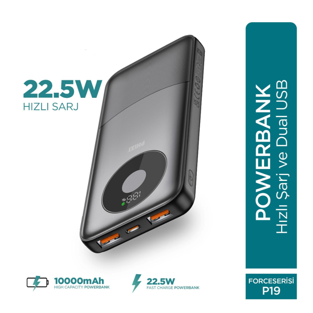 Phixi Force P19 10000 Mah 22.5W Hızlı Şarj Powerbank