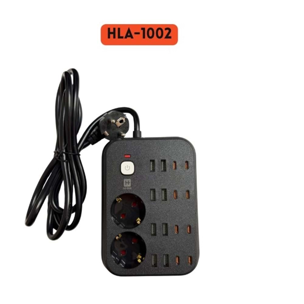 Hi-Link HLA-1002 2Mt/2 Priz/8 Usb /8 Type-C/Siyah/Termal Akım Korumalı Priz