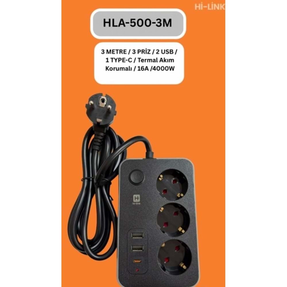 Hi-Link HLA-500-3 3 MT/ 3 Priz/ 2 Usb/ 1 Type-C Termal Akım Korumalı Priz