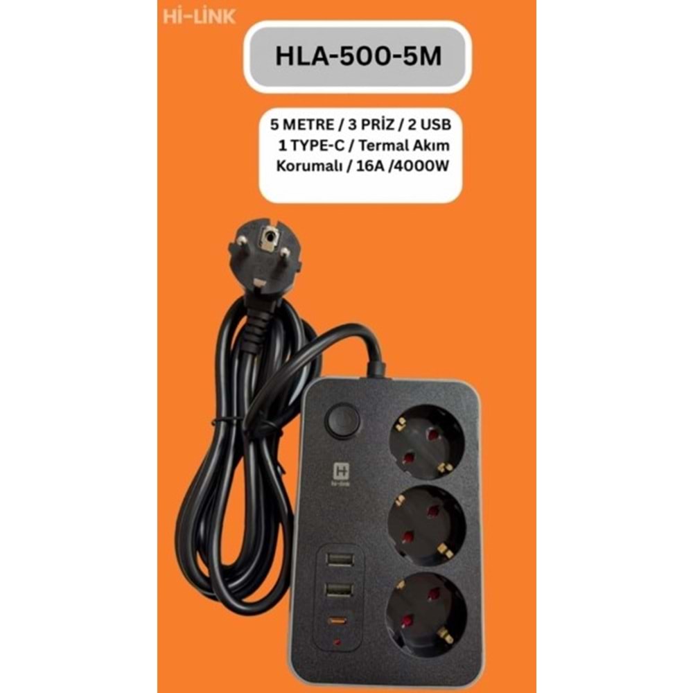 Hi-Link HLA-500-5 5 MT/ 3 Priz/ 2 Usb/ 1 Type-C Termal Akım Korumalı Priz
