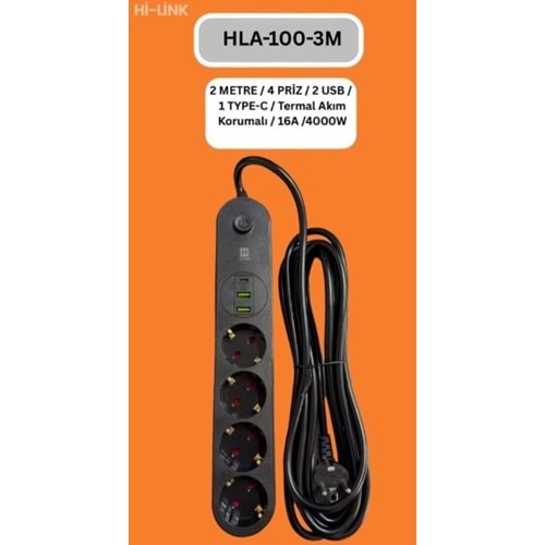 Hi-Link HLA-100-3 3Mt/4 Priz /2 Usb /1 Type-C Termal Akım Korumalı Priz