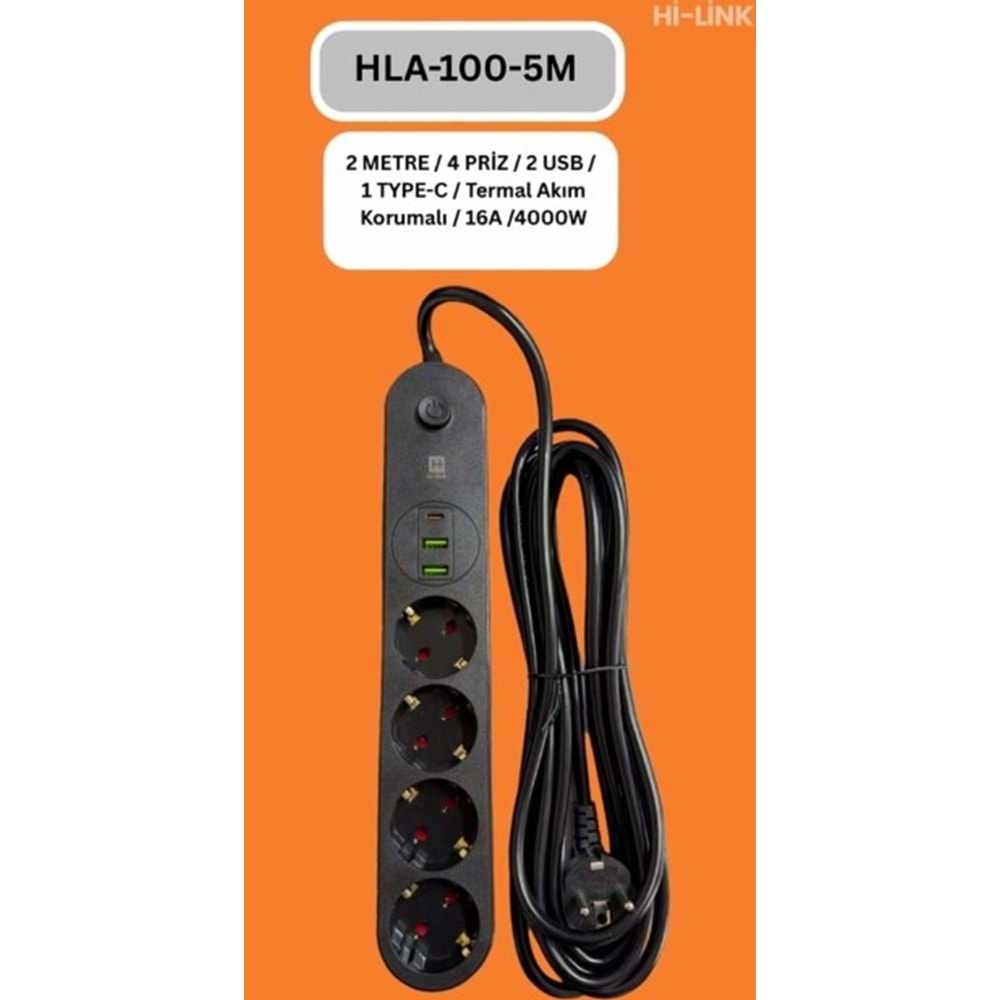 Hi-Link HLA-100-5 5Mt/4 Priz /2 Usb /1 Type-C Termal Akım Korumalı Priz