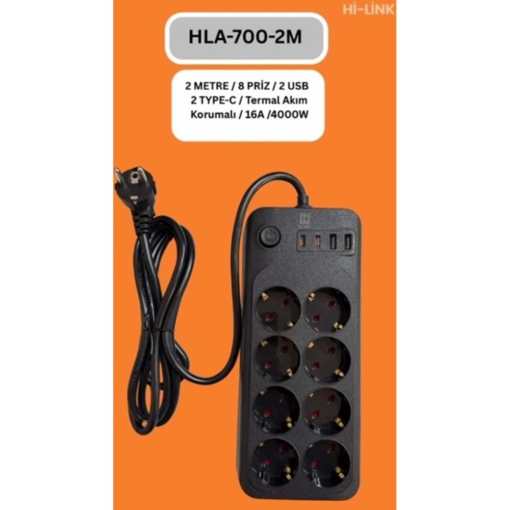 Hi-Link HLA-700-2 2MT/ 8Priz/2 Usb/ 2 Type-C Termal Akım Korumalı Priz
